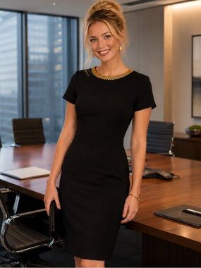 David Warren Black Sheath Dress with Gold Trim Women's Professional Dress Size 6